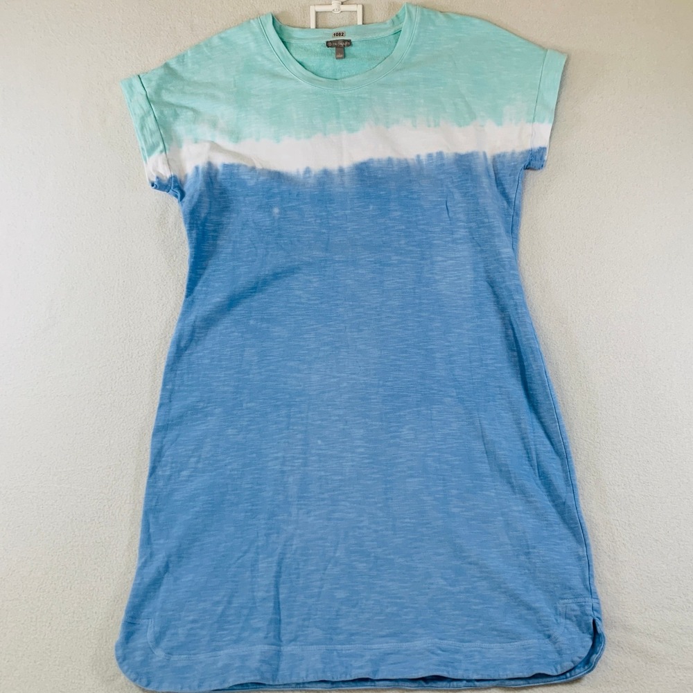 T by Talbots Women Cozy Stretch Cap Sleeve Dress Tie Dye Blue Green White Size L